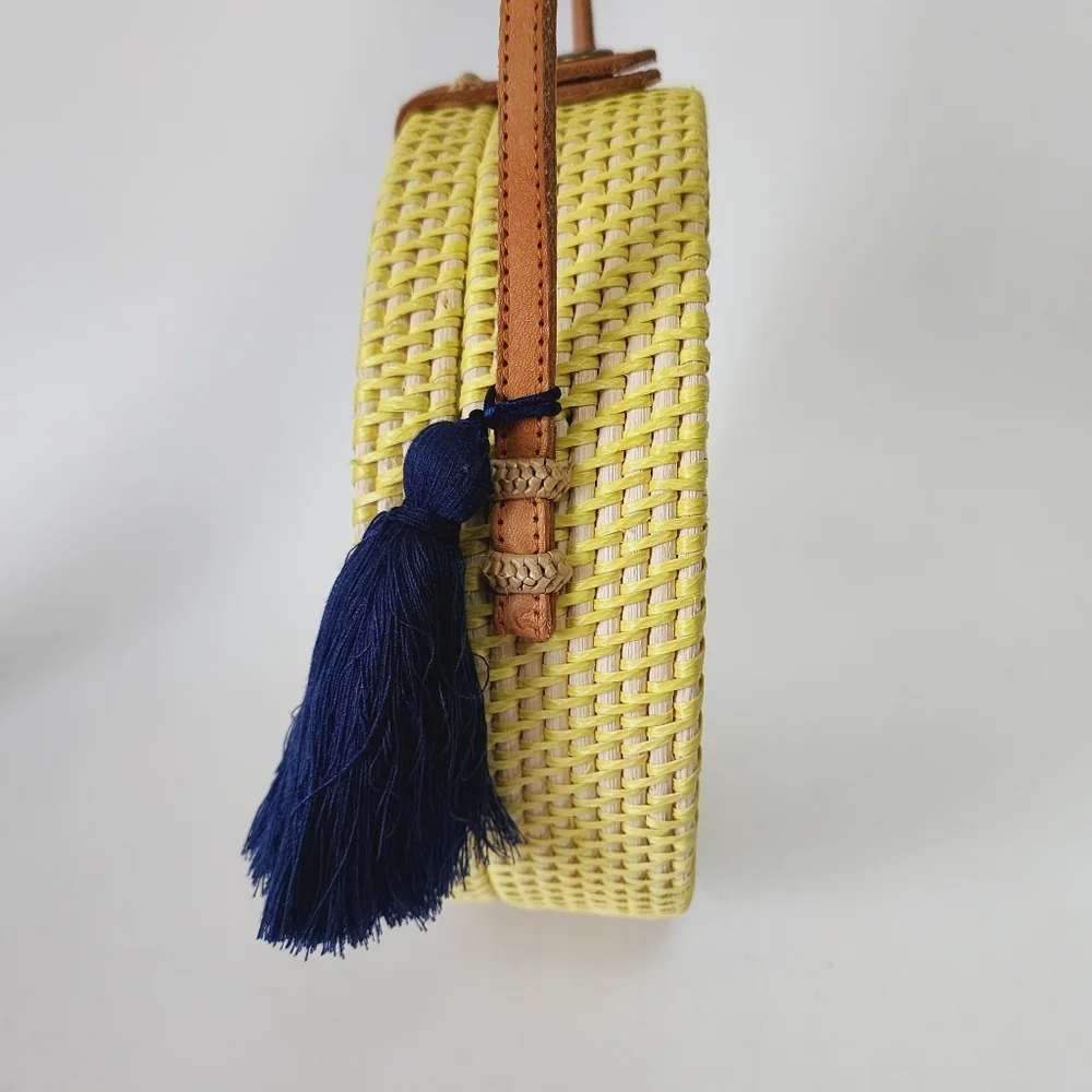 Hand Crafted Bali Yellow & Beige Tassel Rattan Circle Crossbody Bag